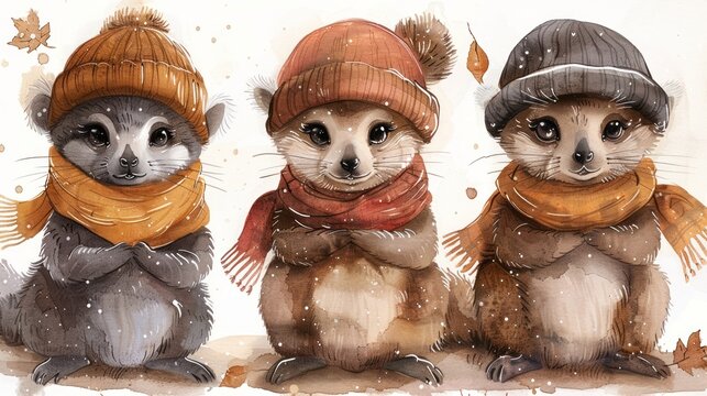three raccoons wearing hats and scarves sit in the snow, one is wearing a scarf and the other is wearing a hat and scarf.