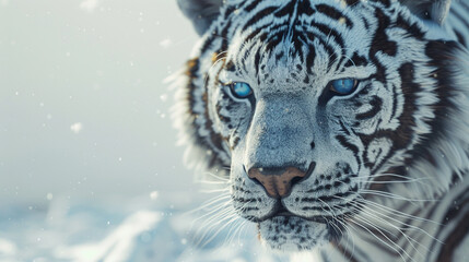 A close-up of a regal white tiger, its piercing blue eyes and majestic presence captured against a spotless white environment.