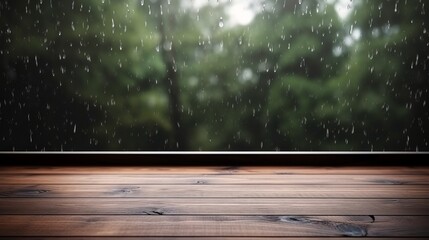 Raindrops decorate a wood tabletop resting on a clear window, providing a versatile display option for products.