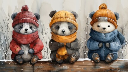 a group of three bears sitting next to each other on top of a snow covered ground in hats and scarves.