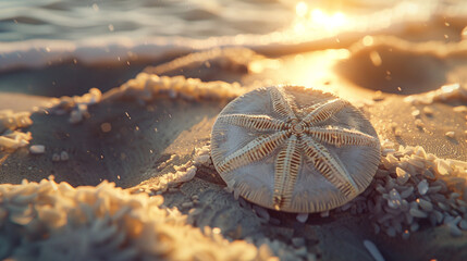 A close-up of a sand dollar partially buried in the sunlit sand, its intricate pattern highlighted by the beach sunlight. - obrazy, fototapety, plakaty
