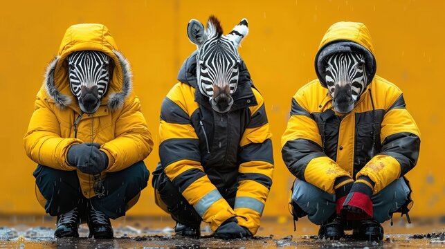 three zebras dressed in yellow and black sit on the ground in front of a yellow wall, with their faces painted black and white.