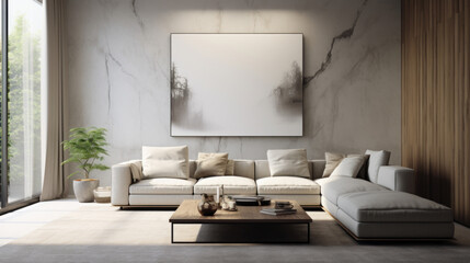 A modern living room with a grey sofa and automated lighting