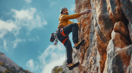 Outdoor enthusiasts conquering a challenging rock-climbing course with determination.
