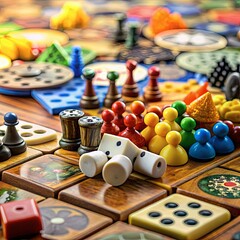 A background scene of various board game pieces. - obrazy, fototapety, plakaty