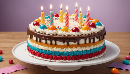 A vibrant layered birthday cake adorned with multicolored icing and lit candles, ready for celebration.