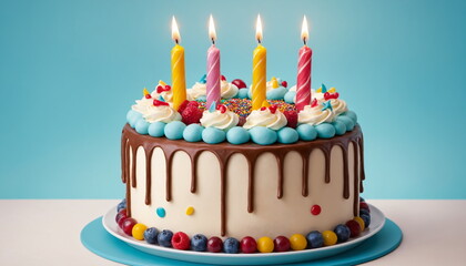 A vibrant layered birthday cake adorned with multicolored icing and lit candles, ready for celebration.