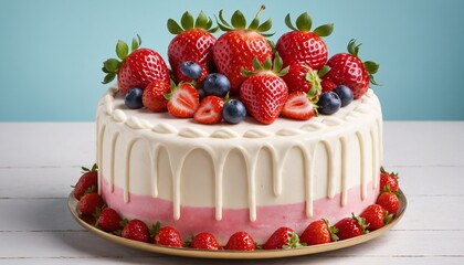 Elegant Strawberry Cream Cake Decorated With Fresh Strawberries and Candles on a Plate.
