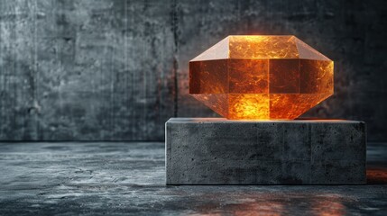 a large piece of glass sitting on top of a block of concrete in front of a concrete wall with a light shining on it.