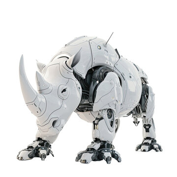 Angled view of white robotic animal Rhinoceros isolated on white or transparent background