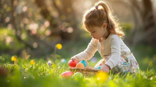Little girl hunting for egg in spring garden on Easter day. Traditional Easter festival outdoors. Beautiful spring sunny day in park.