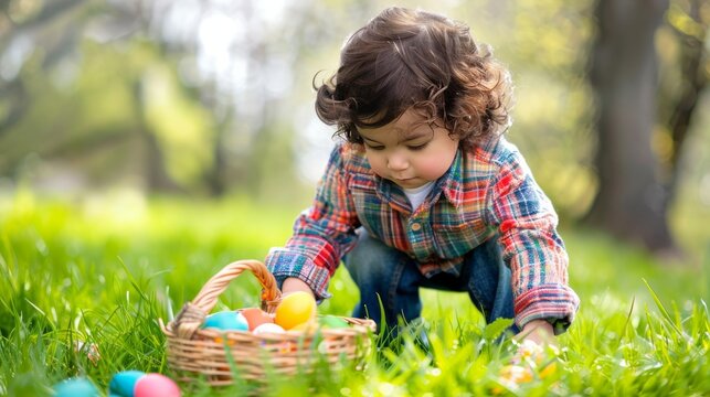 Little Hispanic boy hunting for egg in spring garden on Easter day. Beautiful spring sunny day in park. Traditional Easter festival outdoors.