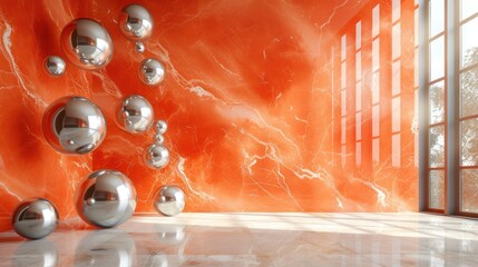 a room with an orange wall and a bunch of silver balls hanging from the wall and a window on the side of the room.
