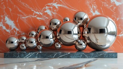 a group of chrome balls sitting on top of a marble counter top next to a marble slab of flooring.