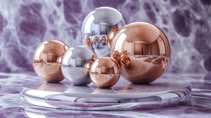 a group of metallic balls sitting on top of a white plate on top of a marble counter top next to a marble wall.