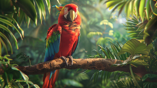 A curious and colorful parrot perched on a tree branch, surrounded by tropical foliage.