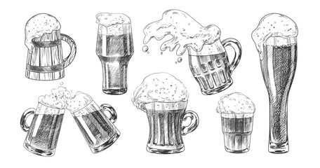 Set of beer glasses isolated on white background. Sketch style spilled beer. Pint glassware. Collection of engraved illustrations for pub menu. Oktoberfest drinks. Hand drawn goblets of beer