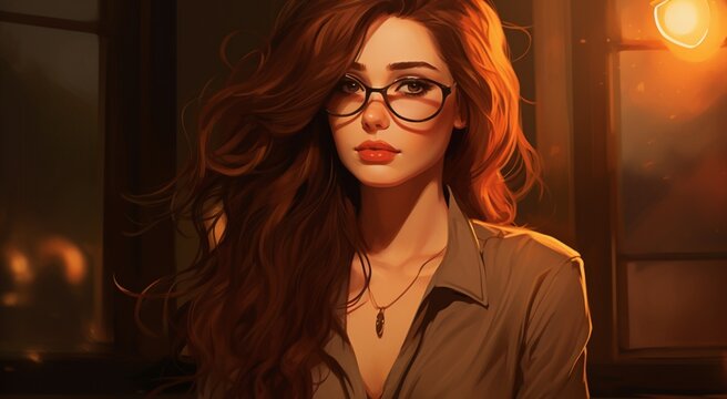 Daria Morgendorffer with an intriguing blend of seriousness and allure, her eyeglasses adding to her intellectual charm, while her stunning figure commands attention. 