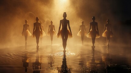 Ballerina dancing in the water in the fog. Generative AI