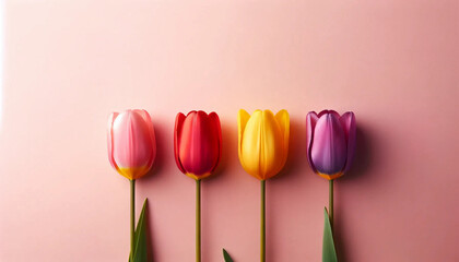 Four distinct tulips lying horizontally across a soft pink background