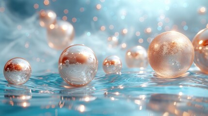 a group of bubbles floating on top of a body of water with bubbles floating on the bottom of the water.