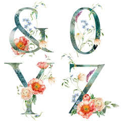 Watercolor floral letters set of Y, Z and 0 with plants. Hand drawn alphabet symbols of flowers and leaves isolated on white background. Holiday Illustration for design, print, fabric or background. - 750137784