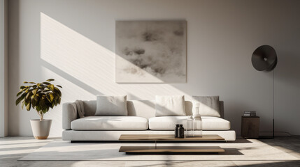 A modern living room with minimalistic decor featuring a sleek grey sofa and a glass coffee table