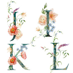 Watercolor floral letters set of J, I, K, L with plants. Hand drawn alphabet symbols of flowers and leaves isolated on white background. Holiday Illustration for design, print, fabric or background. - 750138356