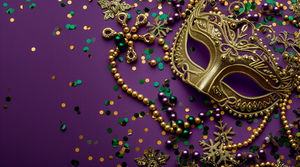Carnival mask with colorful feathers and serpentine. Bright colors yellow, green, purple. Mardi Gras party background.