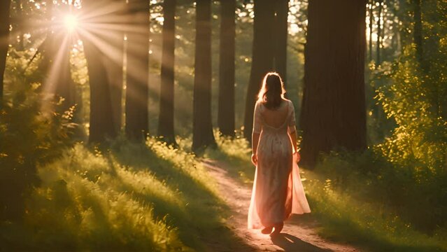 Blonde woman in a dress smiling while walking in a park and forest, embodying summer fashion and natural beauty
