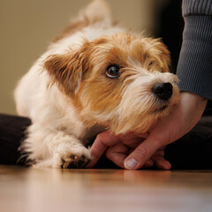 Dog lovingly places its snout on the owner's hand, Jack russel terrier Arusha