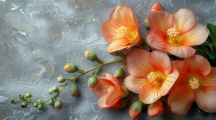 a group of orange flowers sitting on top of a gray table top next to green leaves and a stem with buds on it.