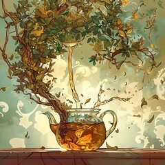 An artistic representation of tea leaves being brewed.