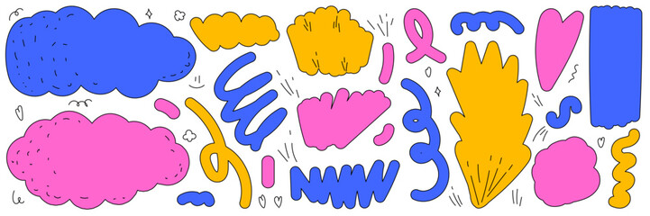 Playful shapes in a careless childish style. Bright colors and cute doodle elements. Contemporary vector illustration.