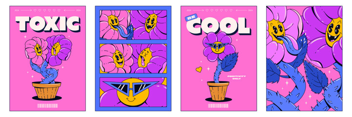 Cool posters with psychedelic flowers in the trending retro groovy style. Vector illustration.
