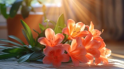 a group of orange flowers sitting on top of a table next to a potted plant on a window sill.