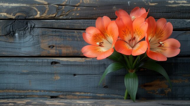 a vase filled with orange flowers sitting on top of a wooden table next to a wooden planked wall with peeling paint.