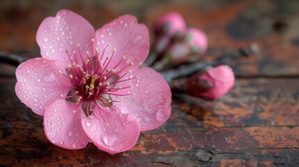 a close up of a pink flower with drops of water on it, on a wooden surface with a rusted surface.