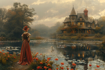 Elegant Woman in Victorian Dress Overlooking a Tranquil Pond at Dusk Near a Classic Mansion
