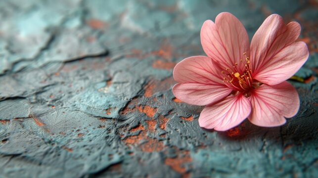 a pink flower sitting on top of a piece of blue and orange paint on a table with a red spot in the middle of the center of the flower.