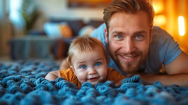 Dad and baby pose for a photo on a blanket. Ai generative
