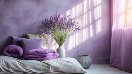 Cozy modern living room interior with purple accents and vibrant natural light