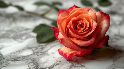 a single red rose sitting on top of a white marble counter top next to a green leafy twig.