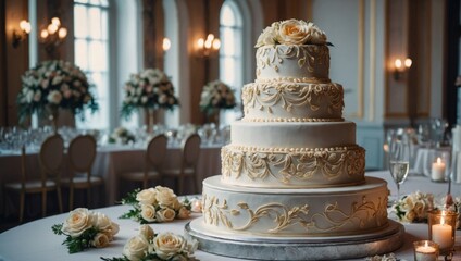 Wedding Cake with Flowers on a Table in a Bright Room