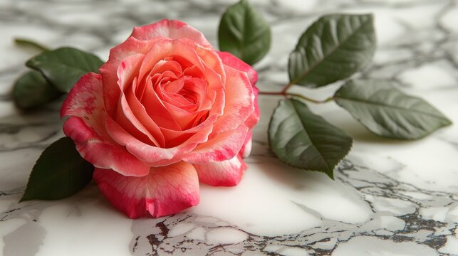 a single pink rose sitting on top of a marble counter top next to a leafy green leafy branch.