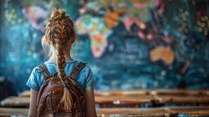 A student stands in class in front of a blackboard with a world map drawn on it. Ai generative - obrazy, fototapety, plakaty