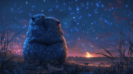 a large brown bear sitting on top of a lush green field under a night sky filled with lots of stars. - obrazy, fototapety, plakaty