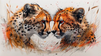 Obraz premium a couple of cheetah standing next to each other in front of a white wall with red paint splatters on it.