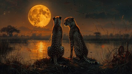 a couple of cheetah sitting on top of a grass covered field next to a river under a full moon.