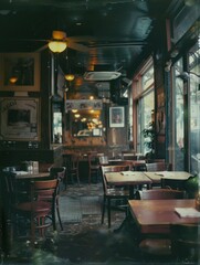 Photographs of coffee shop interiors exuding a vintage, old-school, nostalgic ambiance, featuring tranquil colors reminiscent of Polaroid pictures.